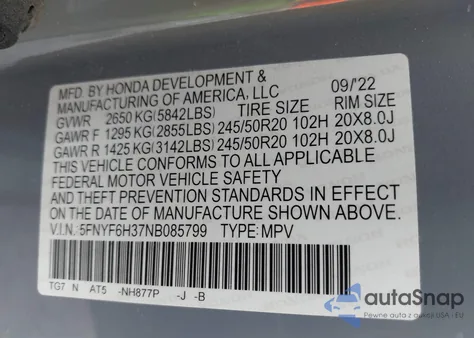 2022 Honda Pilot Awd Sport z USA, uszkodzony, nr VIN 5FNYF6H37NB085799
